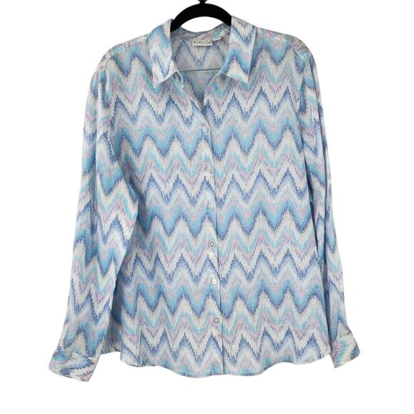 KIM ROGERS 100% Linen Blue Chevron Button Down Shirt Womens Petite Large Beach - Picture 2 of 5